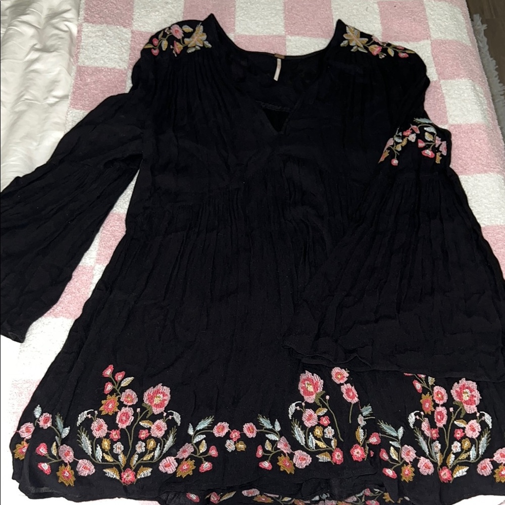 Free People Te Amo Black Embroidered Babydoll Mini Dress